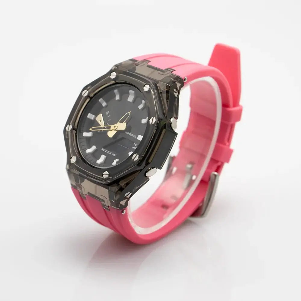 Simples Market Casioak mod kit: pink rubber strap with dark transparent PC case.