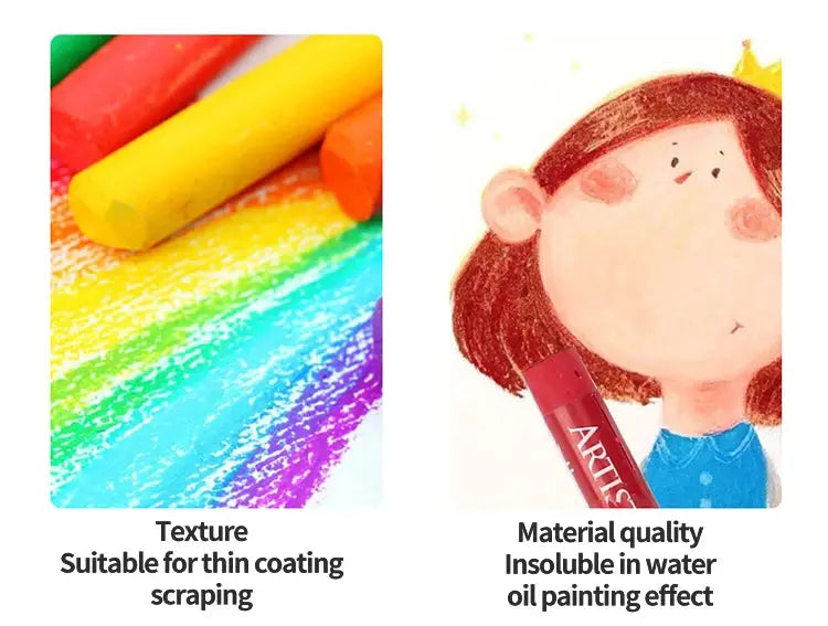 MUNGYO Artist Soft Oil Pastel Set by Simples Market; colorful pastels with a rainbow smear and a child drawing.