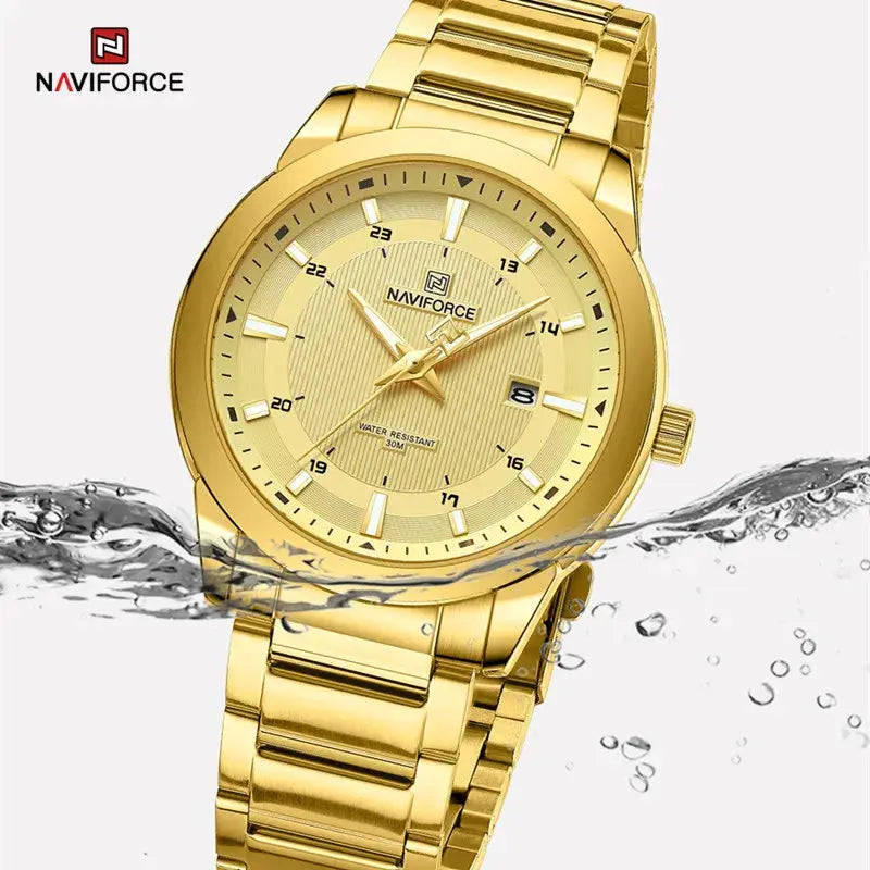 NAVIFORCE gold men's wristwatch with stainless steel strap, quartz movement, water resistant 30m, date display