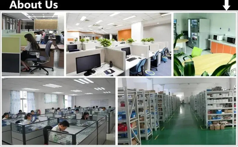 About Us collage showing office spaces with cubicles, desks and storage shelves