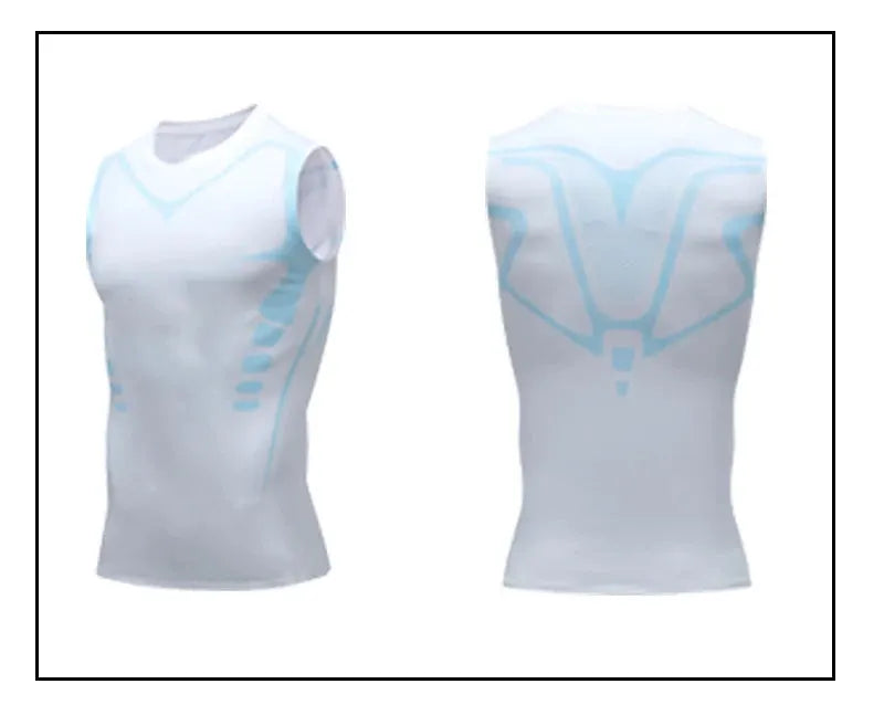 Simples Market men's compression tank top, white sleeveless quick-dry gym shirt with light blue print, front and back views