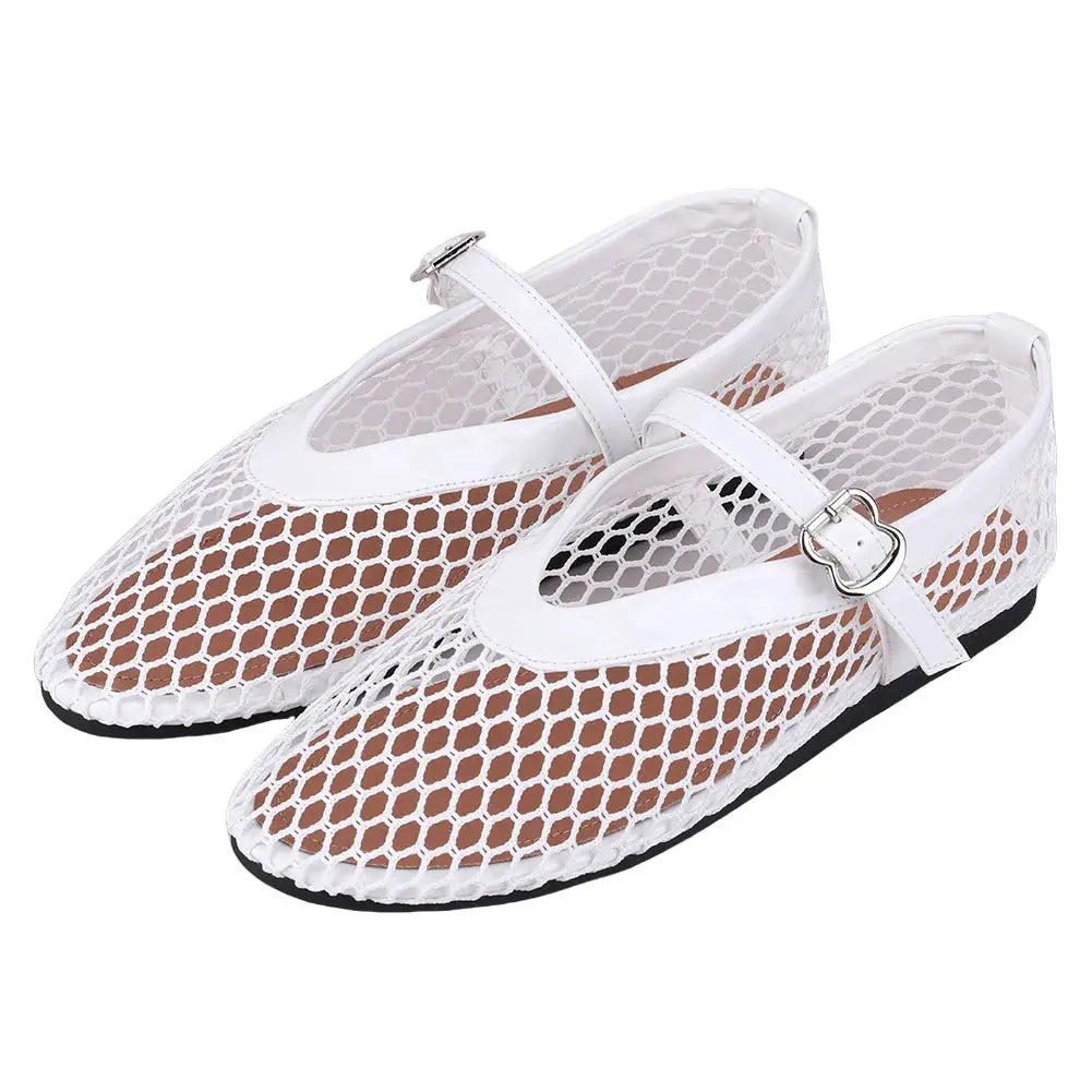 Women mesh ballet flats with buckle strap, Simples Market white fishnet breathable slip-on