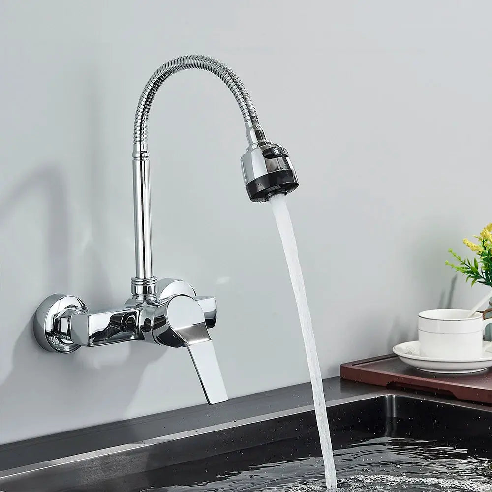 Chrome wall-mounted dual-hole kitchen faucet by Simples Market with flexible pull-down spray hose