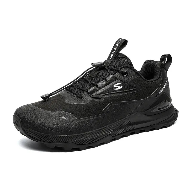 HOBIBEAR unisex hiking sneakers, black lightweight breathable running shoes with elastic band lacing