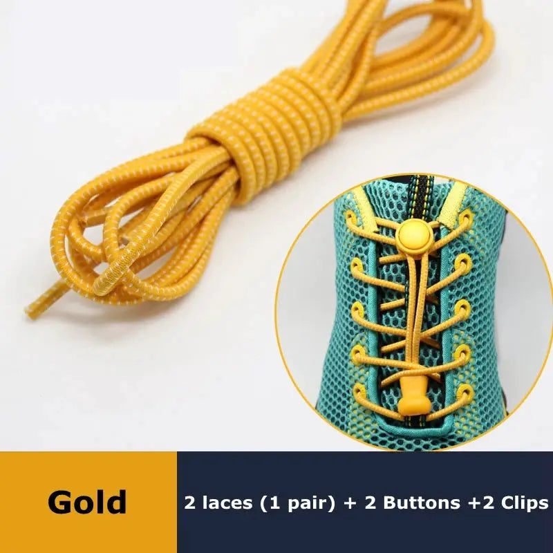 Simples Market gold elastic no-tie shoelaces, 1 pair; yellow round laces with quick-lock, shown on a teal sneaker