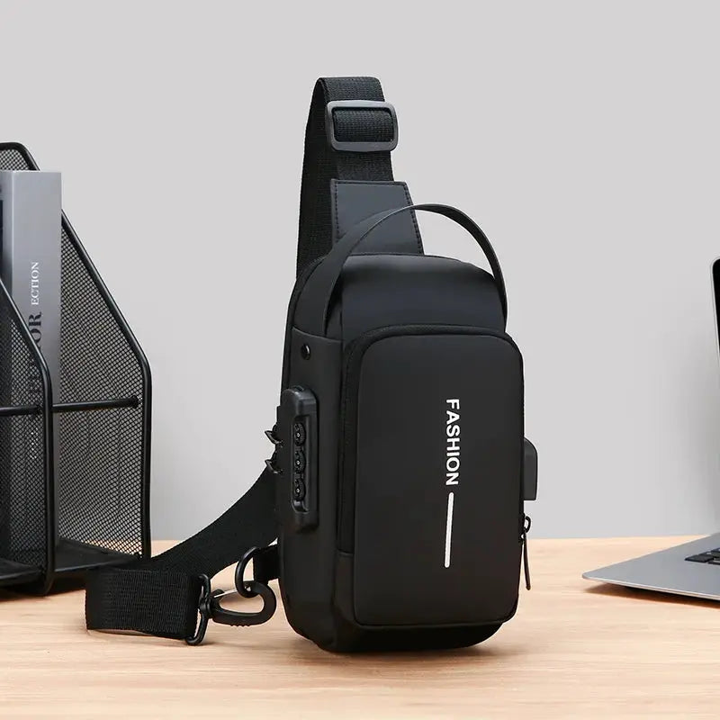 Men's anti-theft chest bag, black crossbody with USB charging, compact sling bag