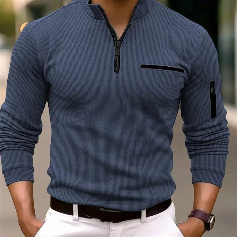 Blue ribbed long-sleeve zip-neck polo shirt with chest and arm pockets