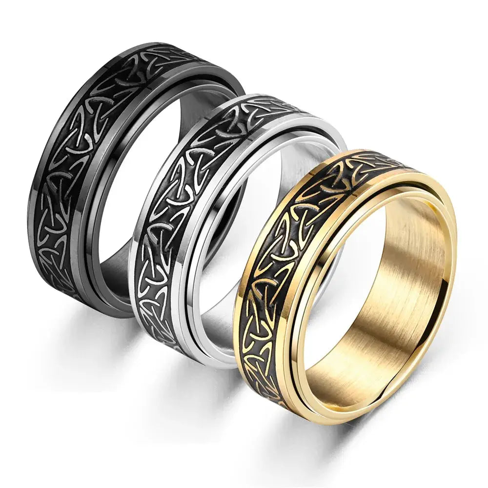 Men's Viking Celtic Knot Ring set of 3 rotating stainless steel rings in black, silver, and gold