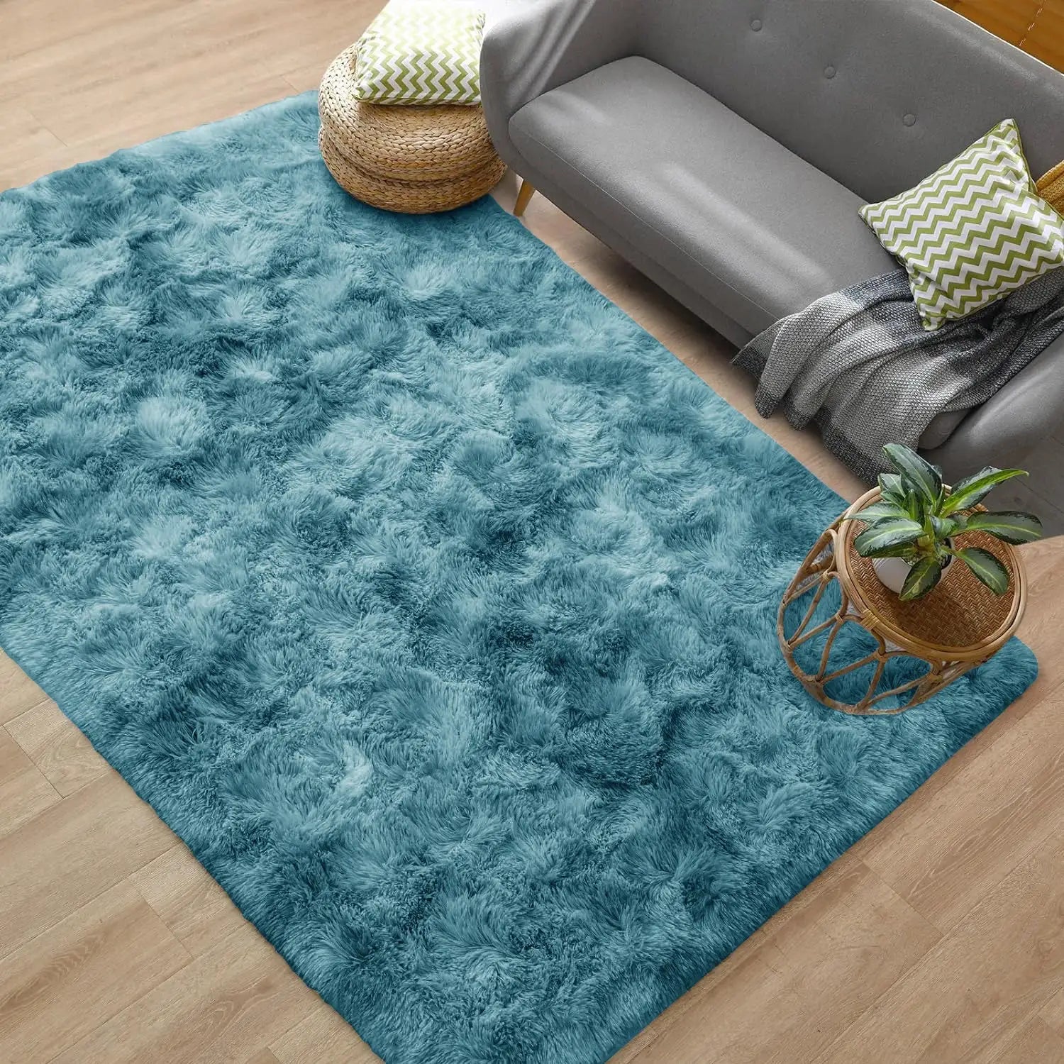 Simples Market teal shaggy rug for living room decor, plush floor mat