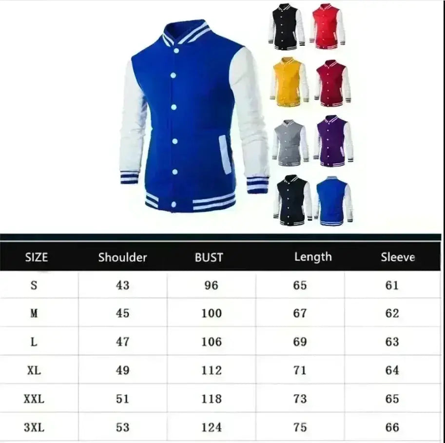 Simples Market men's varsity baseball jacket; blue body with white sleeves, 9 color options shown