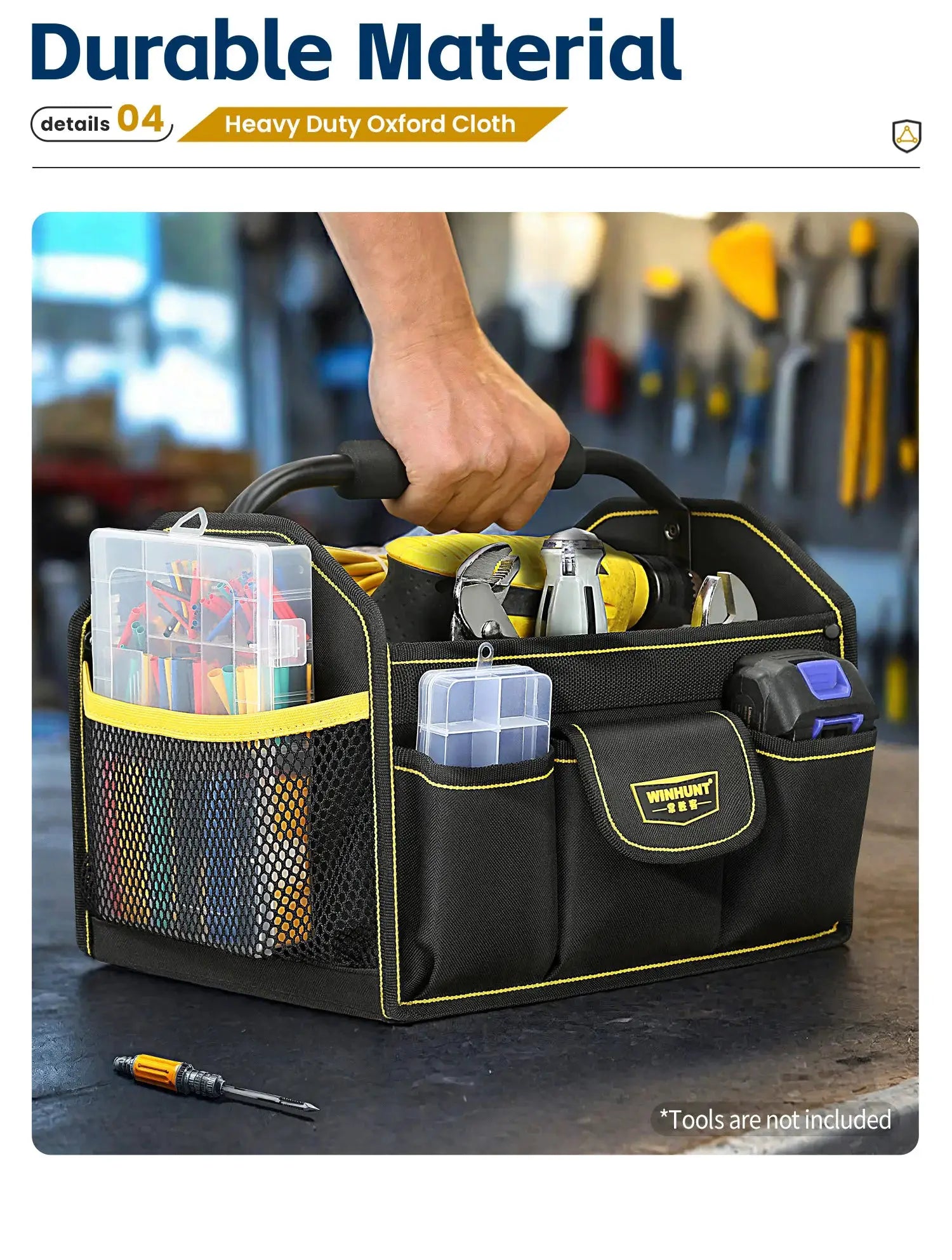 WINHUNT tote bag, black with yellow trim, 10-pocket tool organizer with mesh side pockets