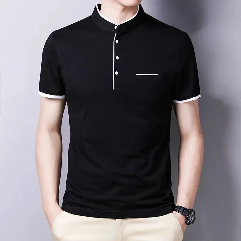 Men's black short-sleeve stand-up collar polo tee with white trim and chest pocket, Simples Market