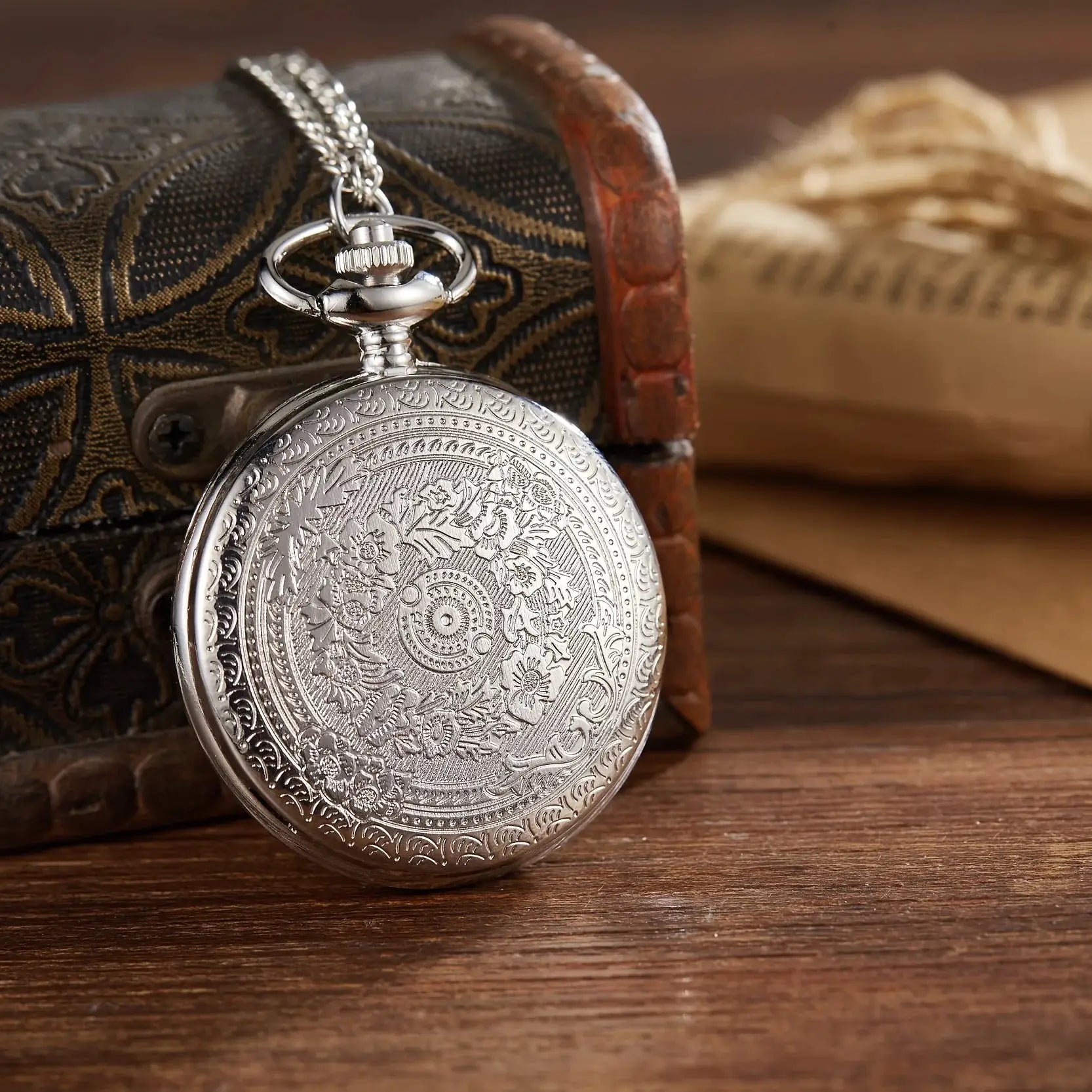 HeritageTime Carved Flip Cover Pocket Watch Necklace Quartz Movement Unisex Gift For Men And Women