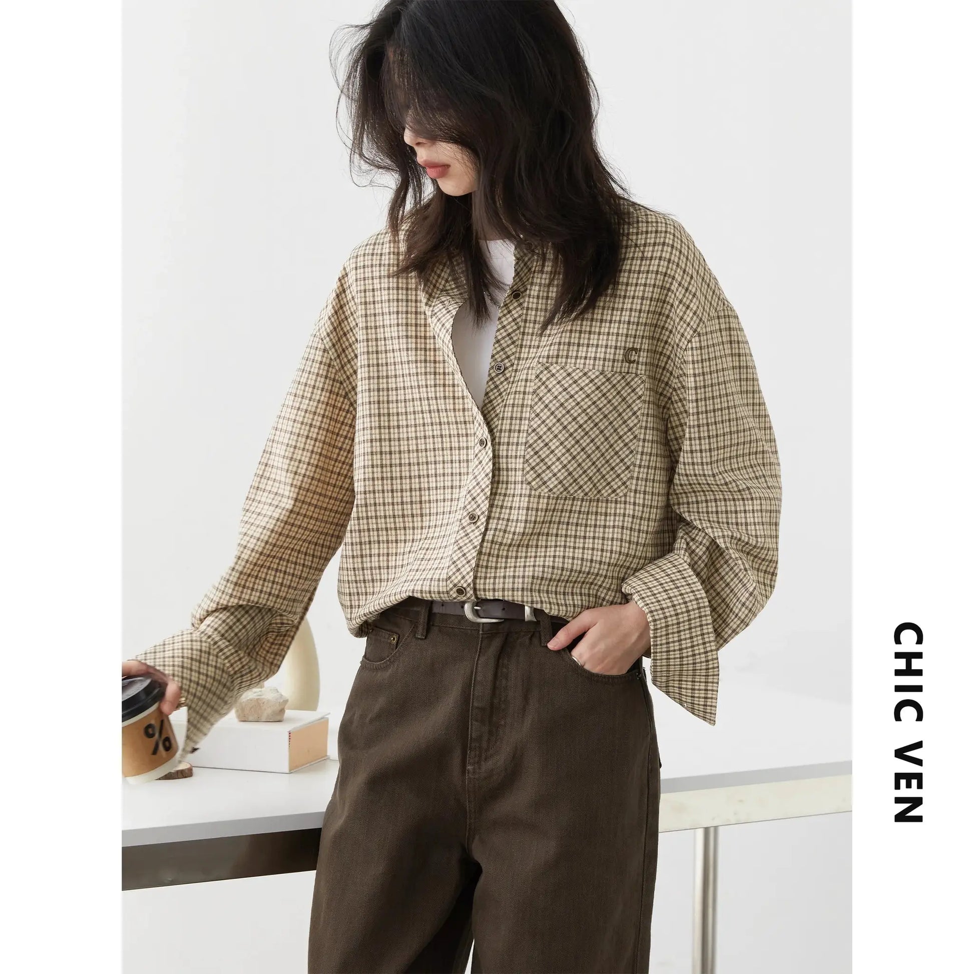 CHIC VEN women's plaid shirt, loose-fit beige/brown check pattern, button-front