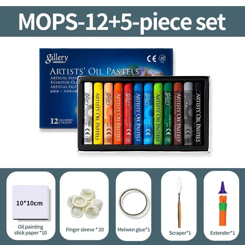 MUNGYO Artists' Oil Pastels set, 12+5-piece, blue box; includes papers, sleeves, glue, scraper, extender
