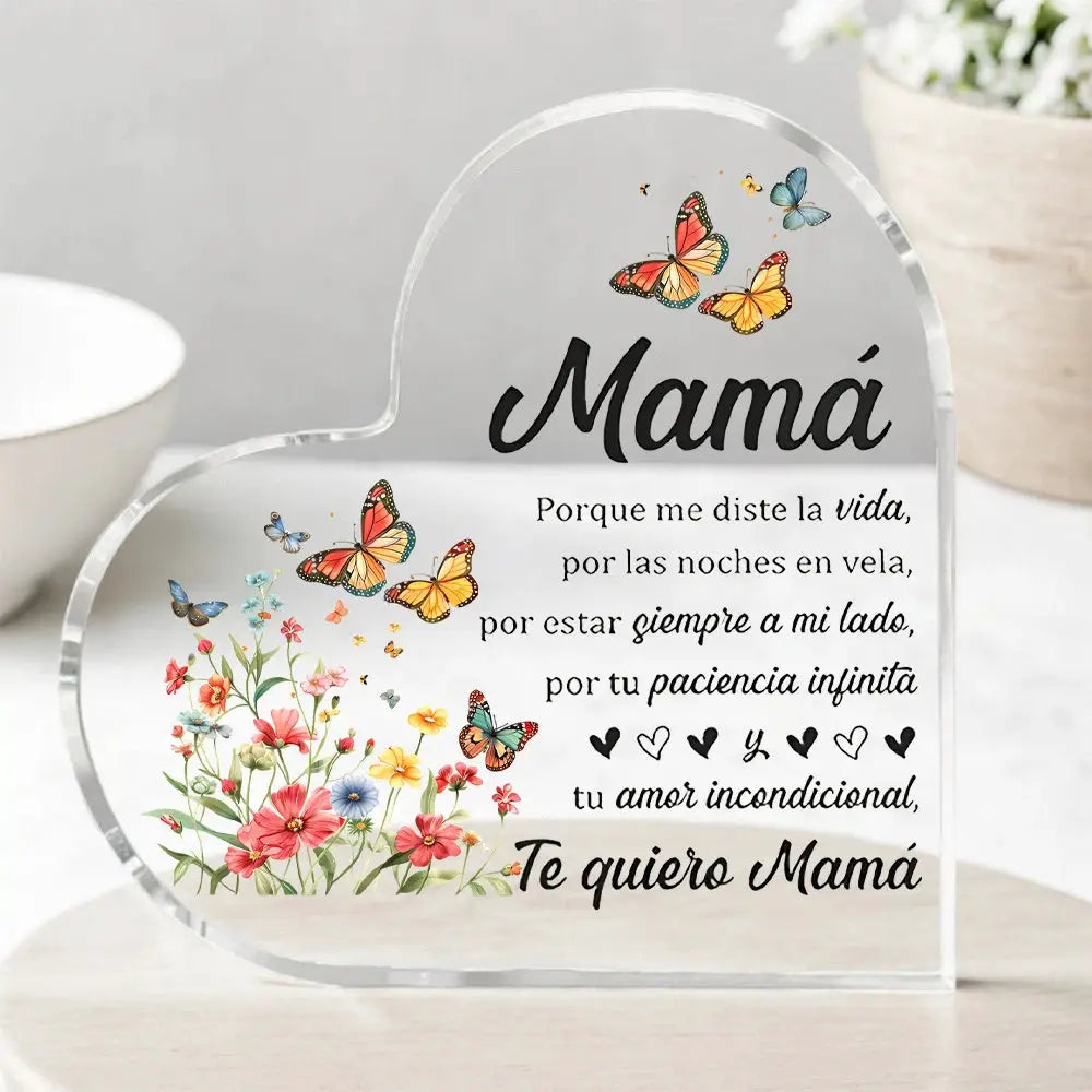 Heart-shaped transparent acrylic ornament with colorful flowers and butterflies, mom gift by Simples Market