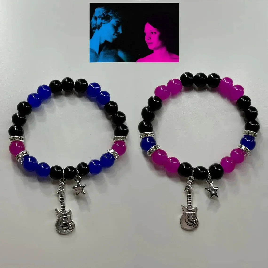 2-piece couple bead bracelet set with black, blue and pink beads, silver spacers, guitar and star charms