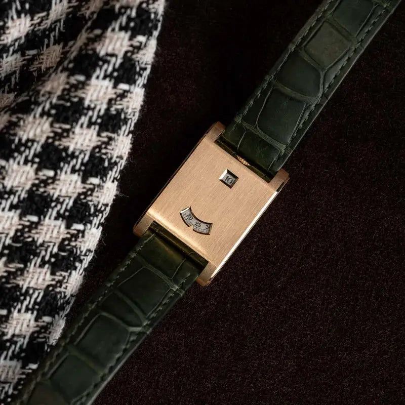 Men's CILOA square quartz watch with rose-gold case and green alligator-embossed leather strap