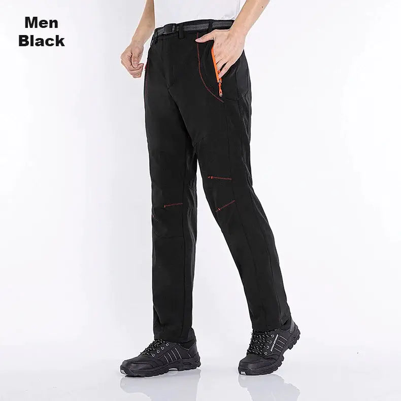 JNLN men's black fleece hiking pants with orange zipper pockets