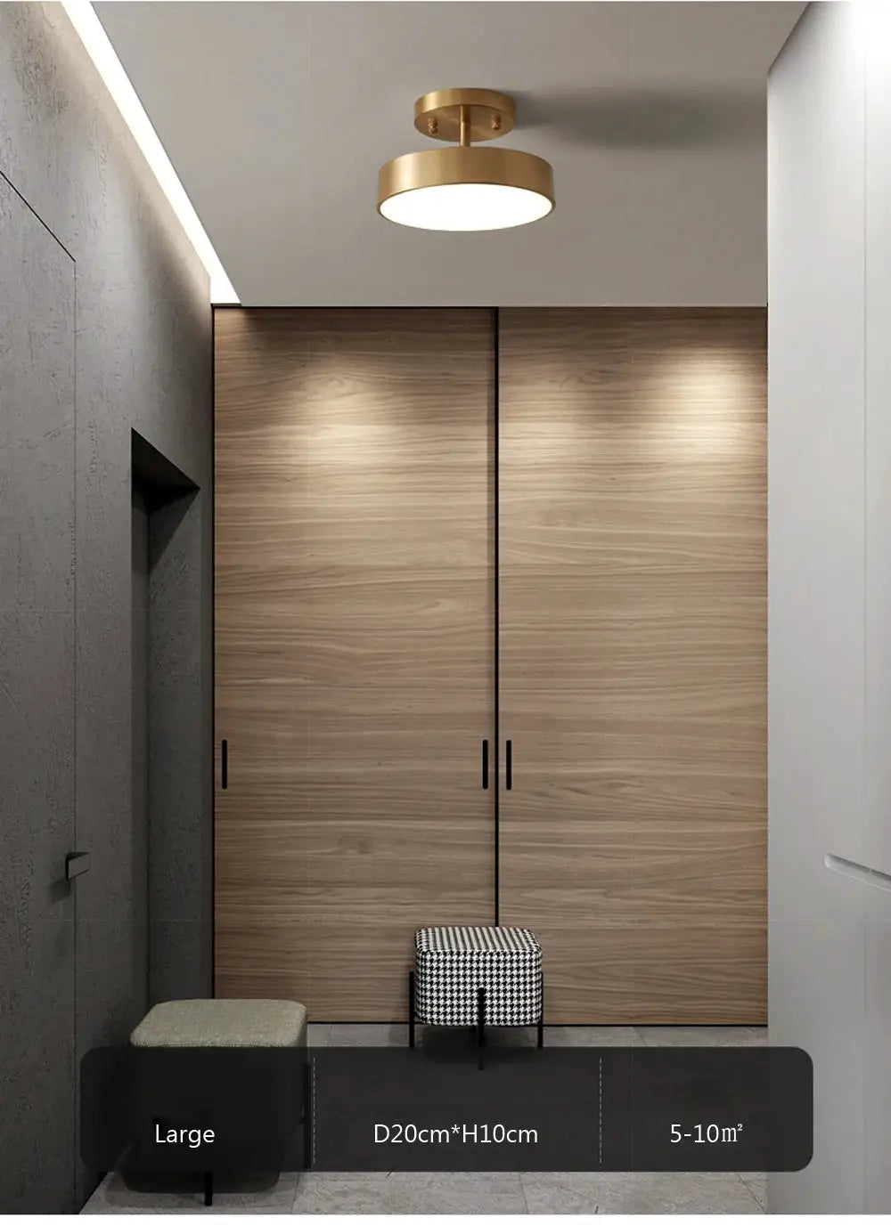 Modern LED ceiling light in copper/gold finish, round Nordic-style fixture for bedroom or living room