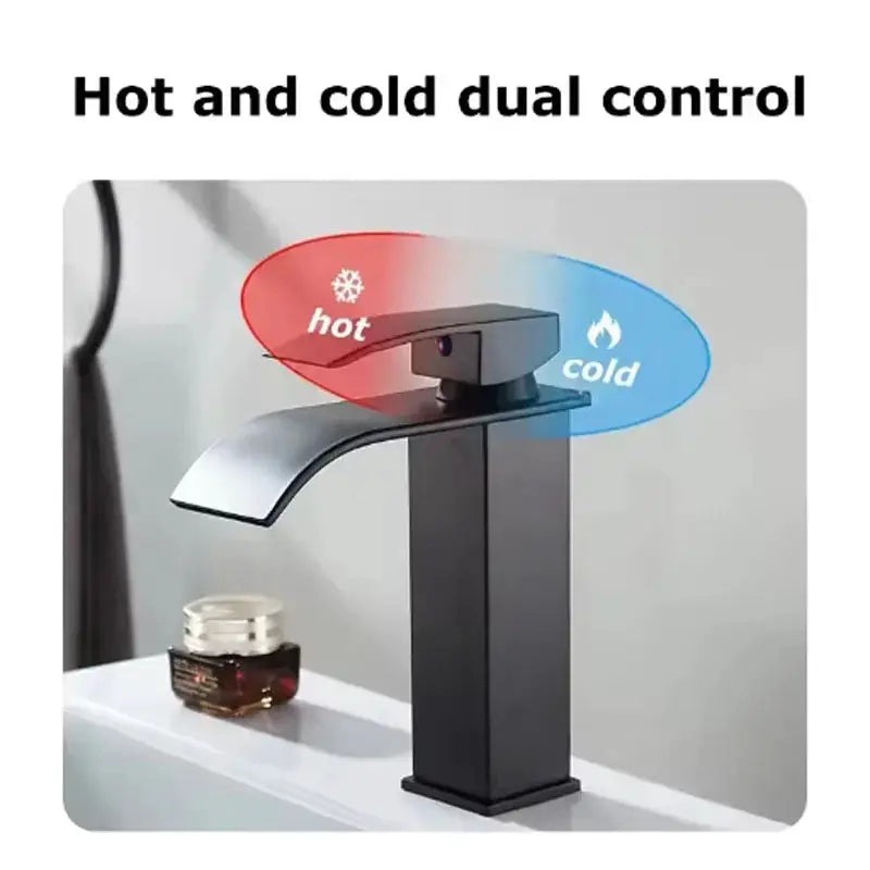Waterfall wash basin faucet, black stainless steel with hot and cold dual control
