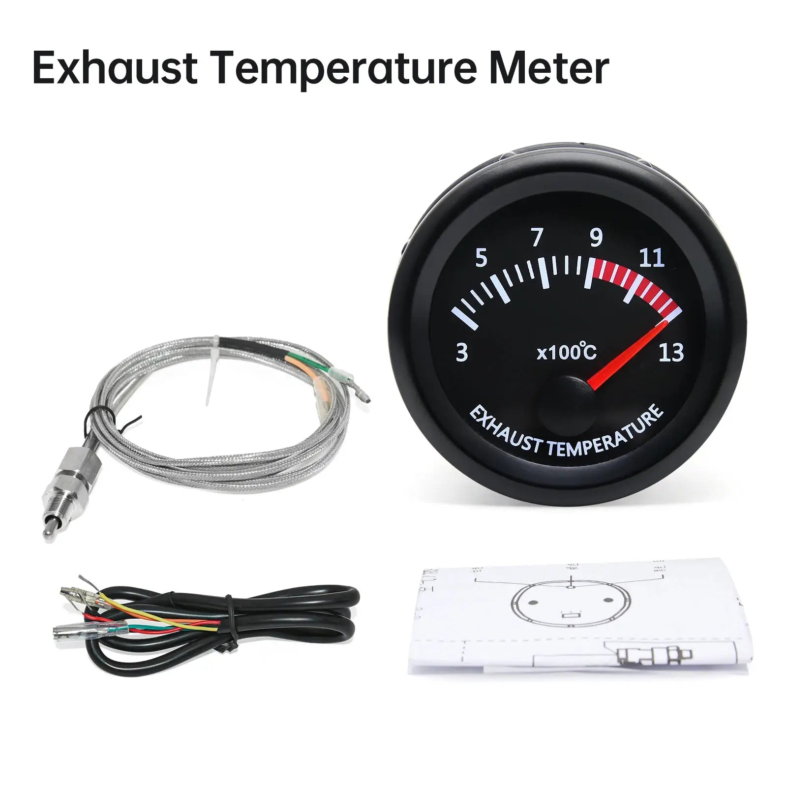 Exhaust Temperature Meter gauge kit with a 52mm universal dial, sensor, wiring harness, and manual