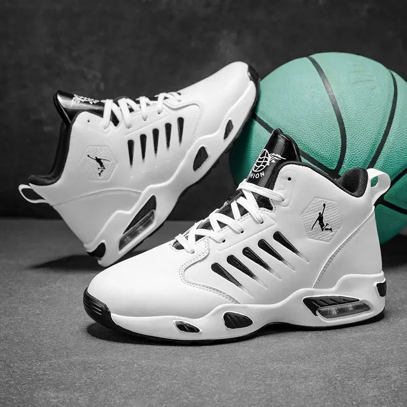Men's white high-top basketball shoes with black accents and breathable mesh, cushioned midsole.