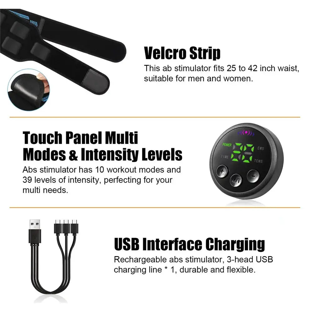 EMS Belt Massage Set by Simples Market; abdominal fitness device with Velcro strap, touch panel and USB charging cable