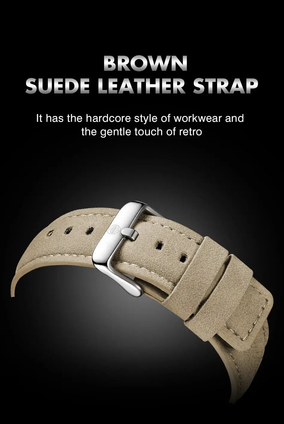 PAAZOMU suede leather watch strap in brown with a silver stainless-steel buckle