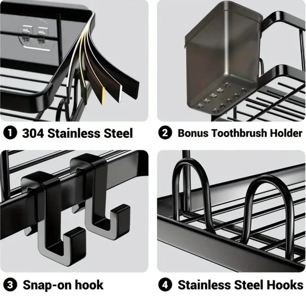 No Drilling stainless steel triangle double-layer shelf in black with toothbrush holder and stainless steel hooks