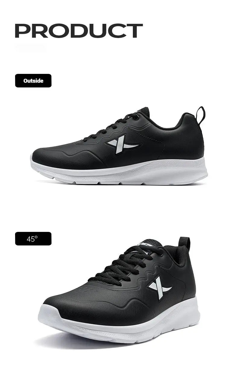 Xtep men's running shoes, black leather waterproof sneakers with white sole.