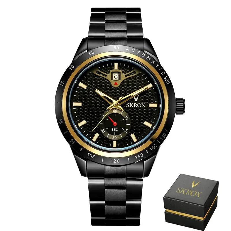 SKROX automatic men's wristwatch with black textured dial and gold accents by Simples Market