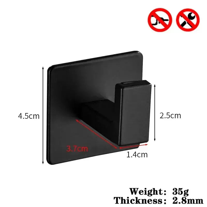 Black adhesive wall-mounted robe hook for bathroom, set of 1–4 pieces
