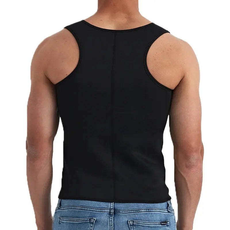 Men's black waist trainer sweat vest; body shaper for workouts, sleeveless slimming tank top