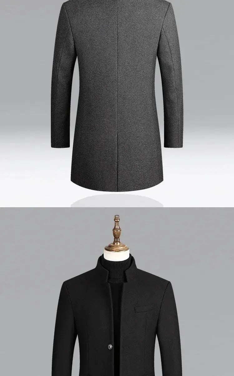 Two men's coats: grey wool trench coat (back view) and black blazer with stand collar.