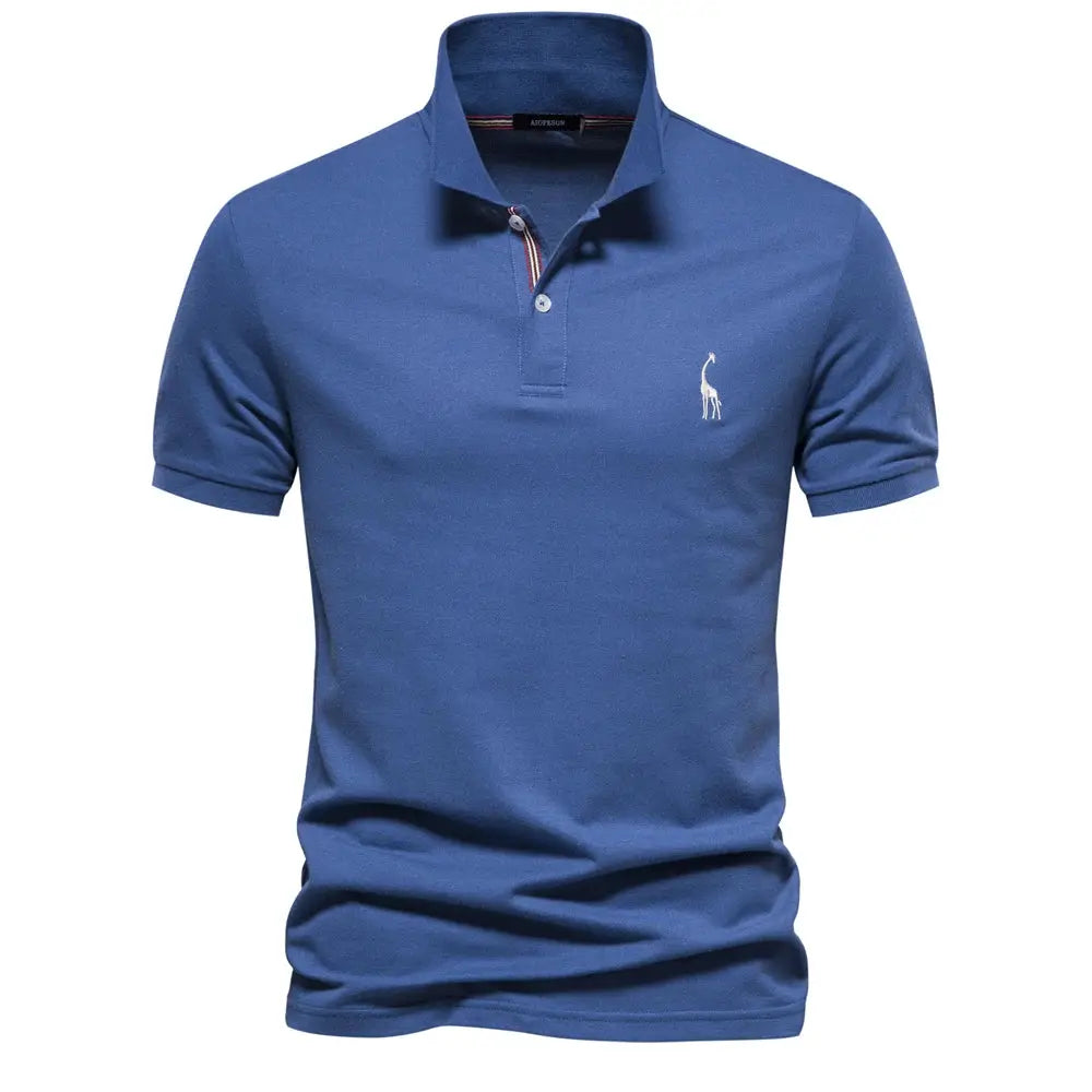 Blue cotton men's polo shirt with short sleeves and a small white chest logo.