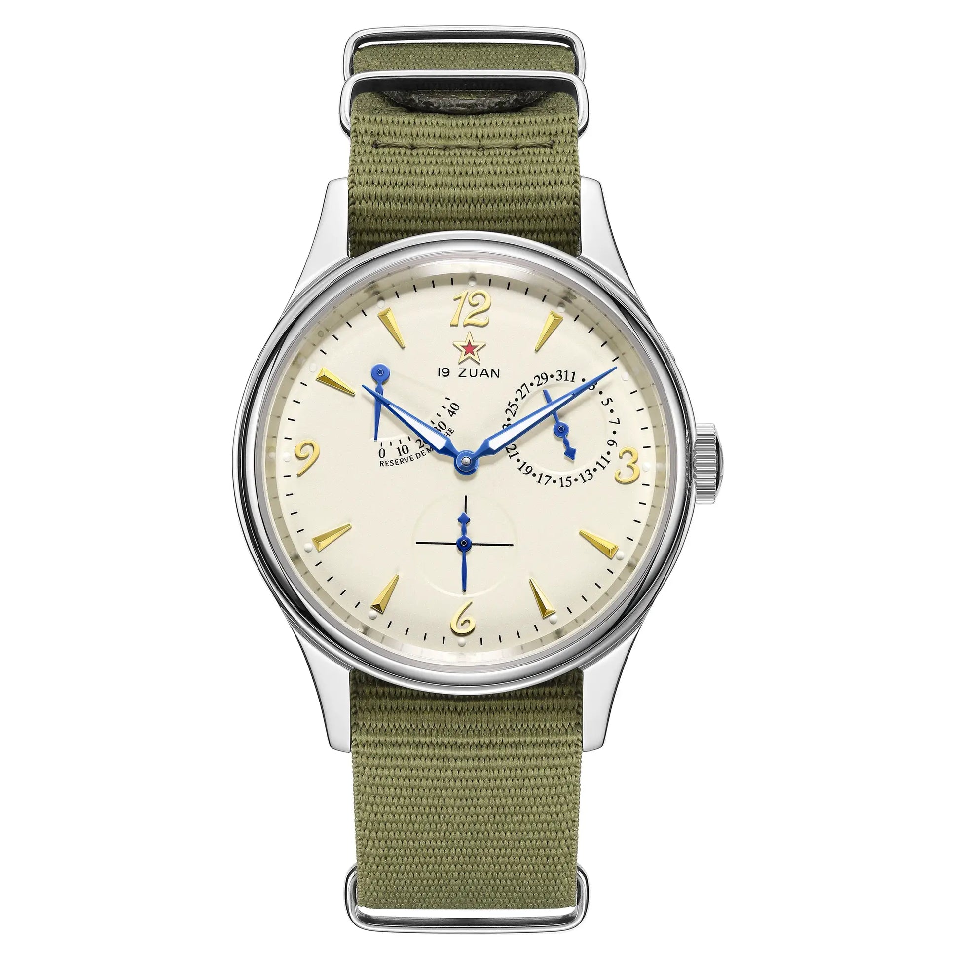 1963 40mm mens pilot watch with olive green fabric strap, stainless steel case, cream dial and blue hands