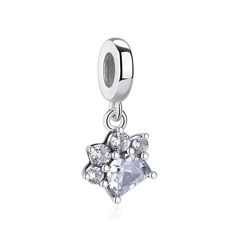 925 Sterling Silver Paw Print Charm Beads for Dogs and Cats Jewelry Pendant Fit for Bracelets Necklaces DIY Projects
