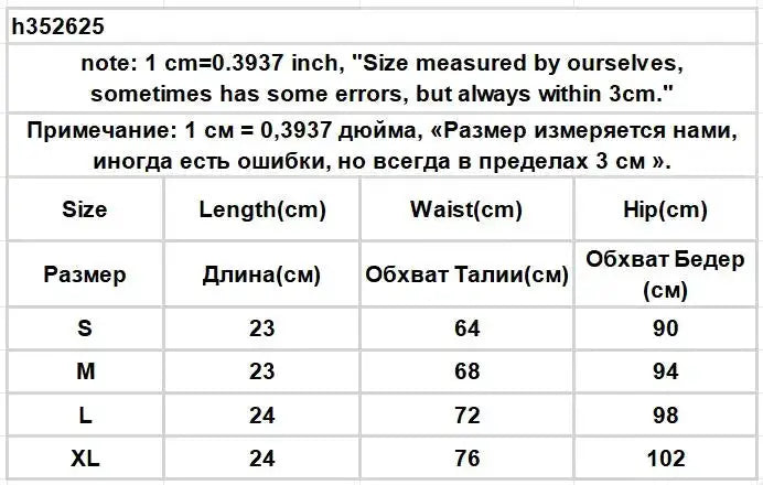 Simples Market denim shorts for women with zipper and frayed edges; size chart shows S-XL with length, waist, hip.