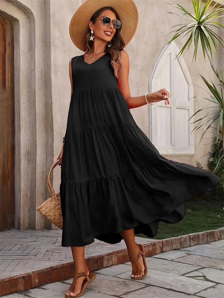 Elegant Summer Dress For Women Loose A Line Midi With V Neck Casual Sophistication In Yellow And Black
