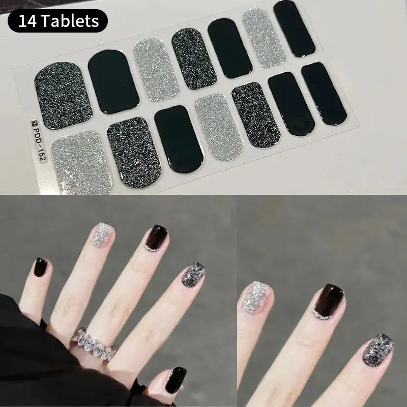 Full-cover nail sticker sheet by Simples Market; 14 black and silver glitter, self-adhesive decals