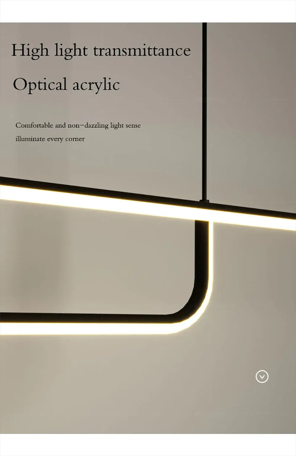 Modern LED strip chandelier light with black metal frame and warm white glow