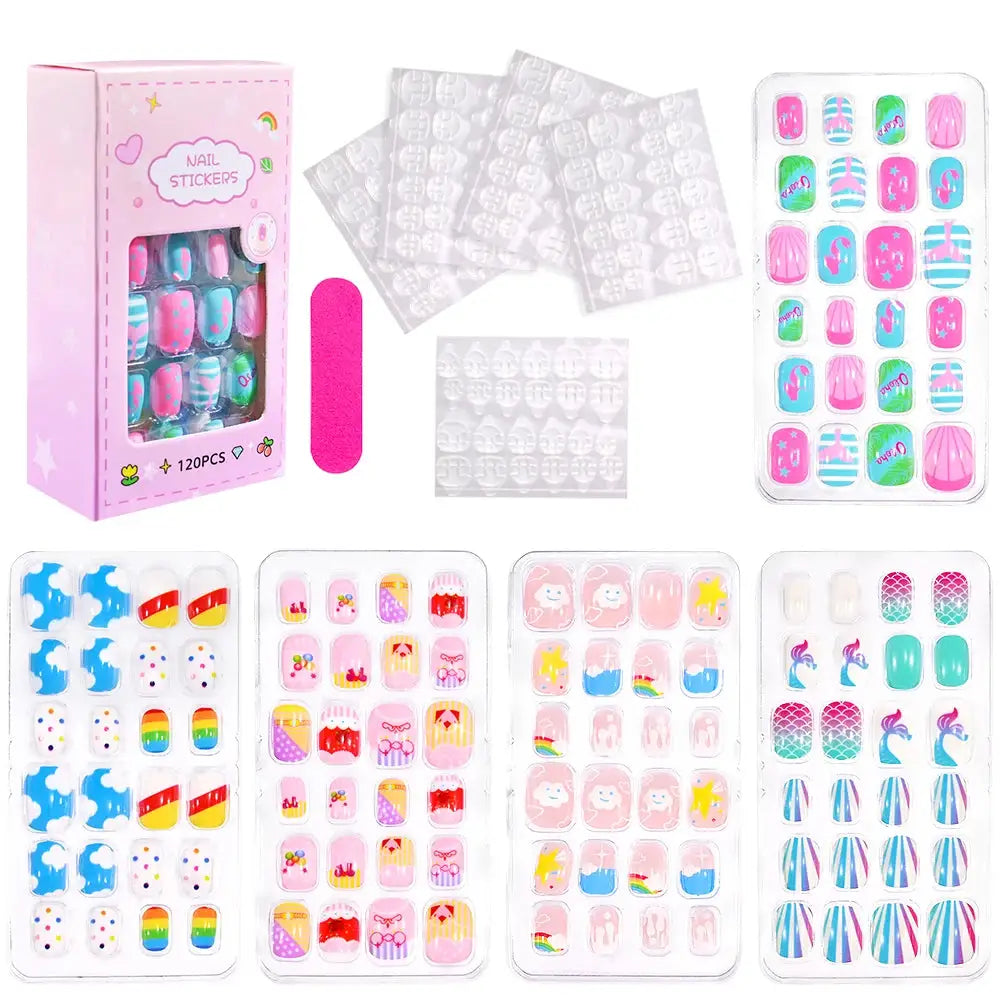 KawaiiKidz Kids Cartoon Press On Nails Acrylic Full Cover Short False Nails Safe Easy To Apply Jelly Glue 120Pcs