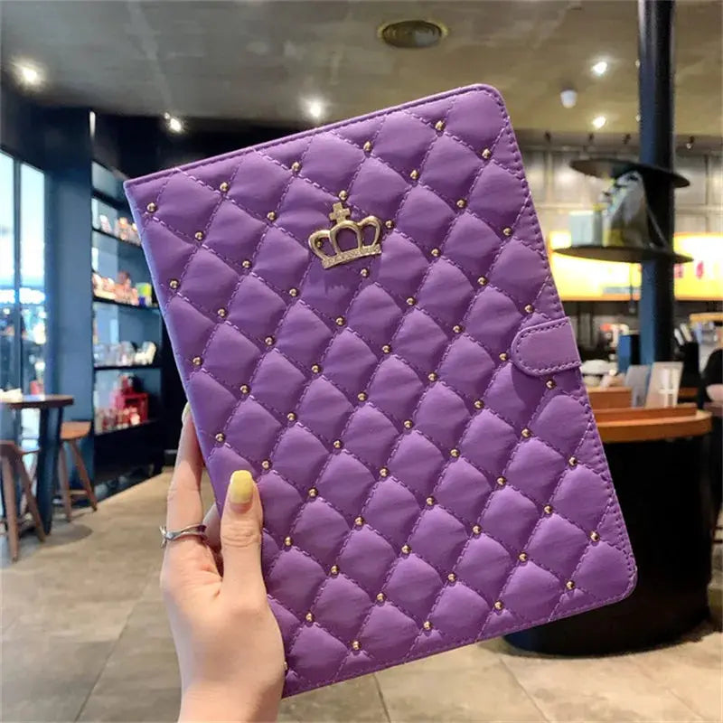 Ipad Lambskin Stand Smart Case Crown Rivet Design Plaid Pattern Scratch Resistant PU Leather
