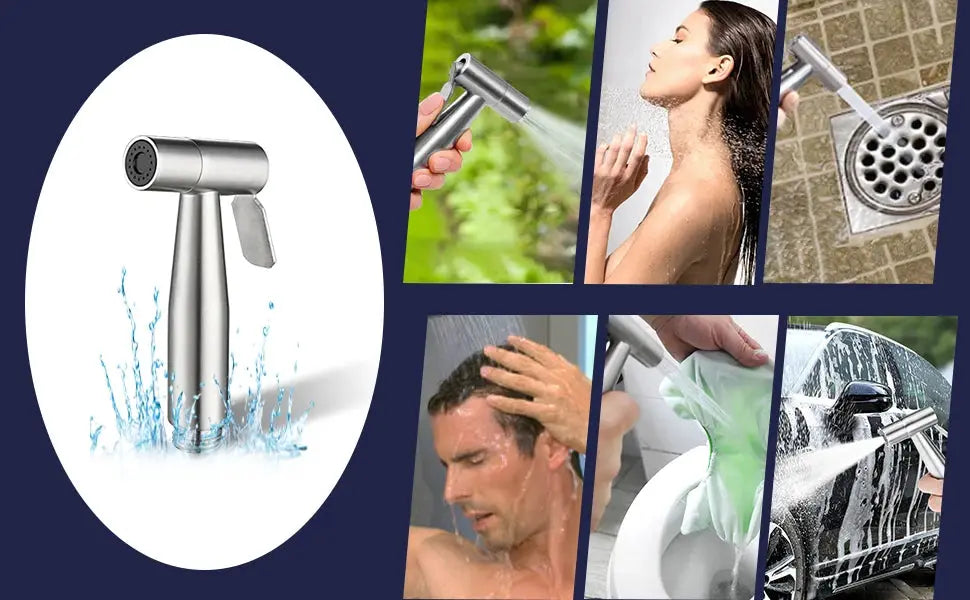 Handheld bidet sprayer kit by Simples Market, stainless steel spray gun with 3-way valve for hygiene and pet bathing.
