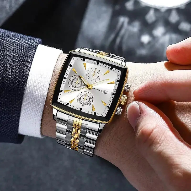 Luxury square-dial men's quartz wristwatch with two-tone gold and silver stainless steel band and calendar date