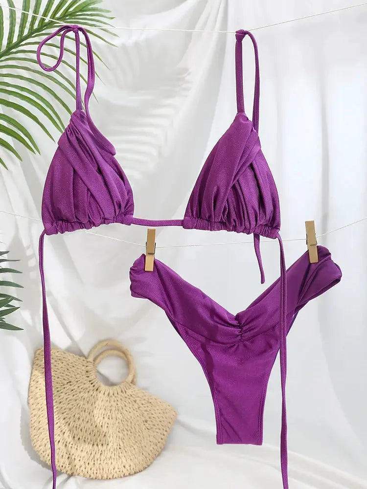 Sexy Folds Bikini Set Solid Micro Triangle Swimwear for Women Two Piece Beachwear Bathing Suit