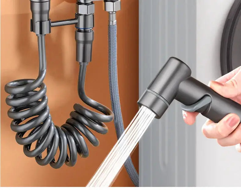 Hygienic shower bidet sprayer with double-outlet wall-mount valve and coiled hose in black by Simples Market
