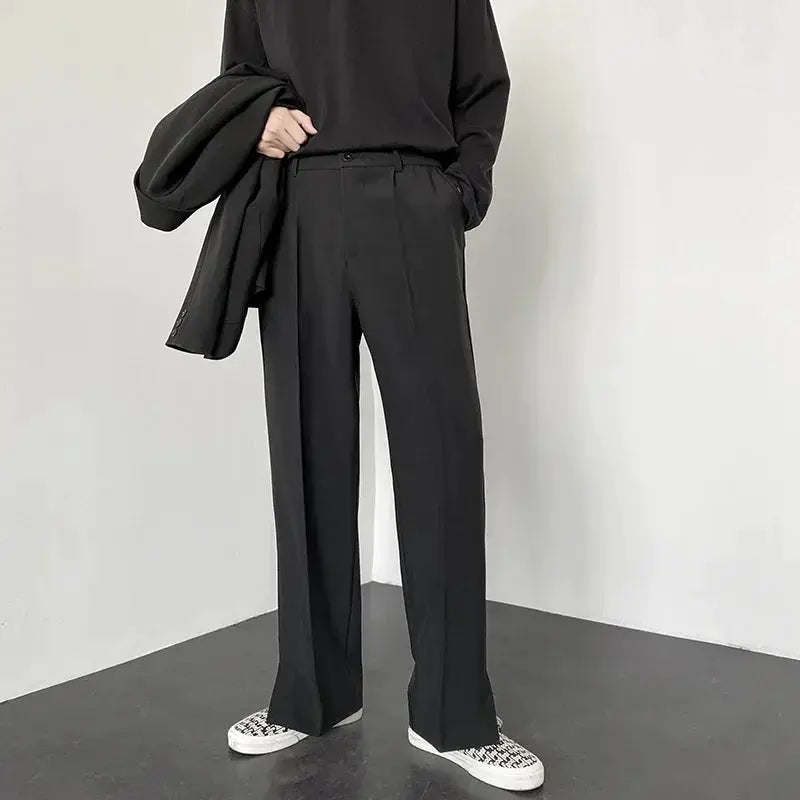 Men's straight baggy black dress pants, tailored wide-leg trousers