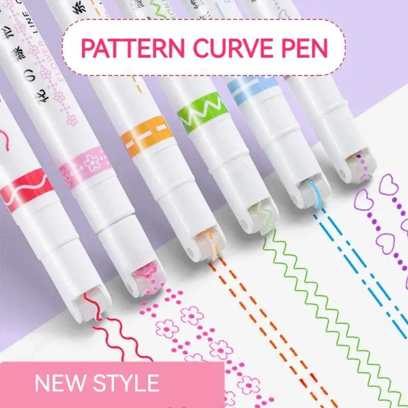 6Pcs Set Flower Line Shape Roller Tip Highlighter Pens Curve Liner Marker Kawaii Korean Stationery School Office Gifts